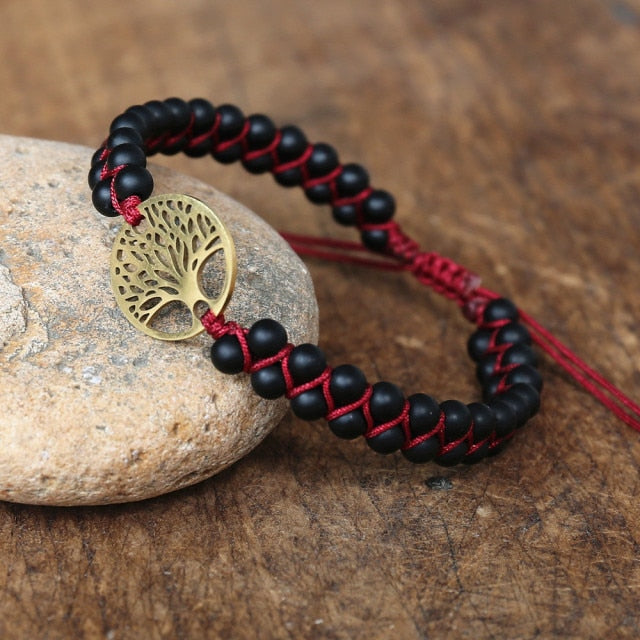 Matte Onyx Stainless Steel Tree of Life Charm Bracelets Women Bohemia Yoga String Braided Wrap Bracelet Femme Handmade Jewelry