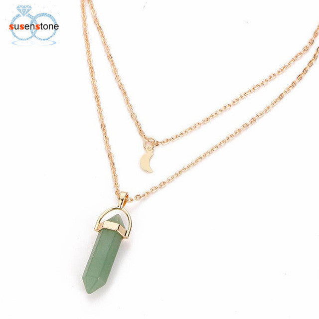 SUSENSTONE Women Multilayer Irregular Crystal Opals Pendant